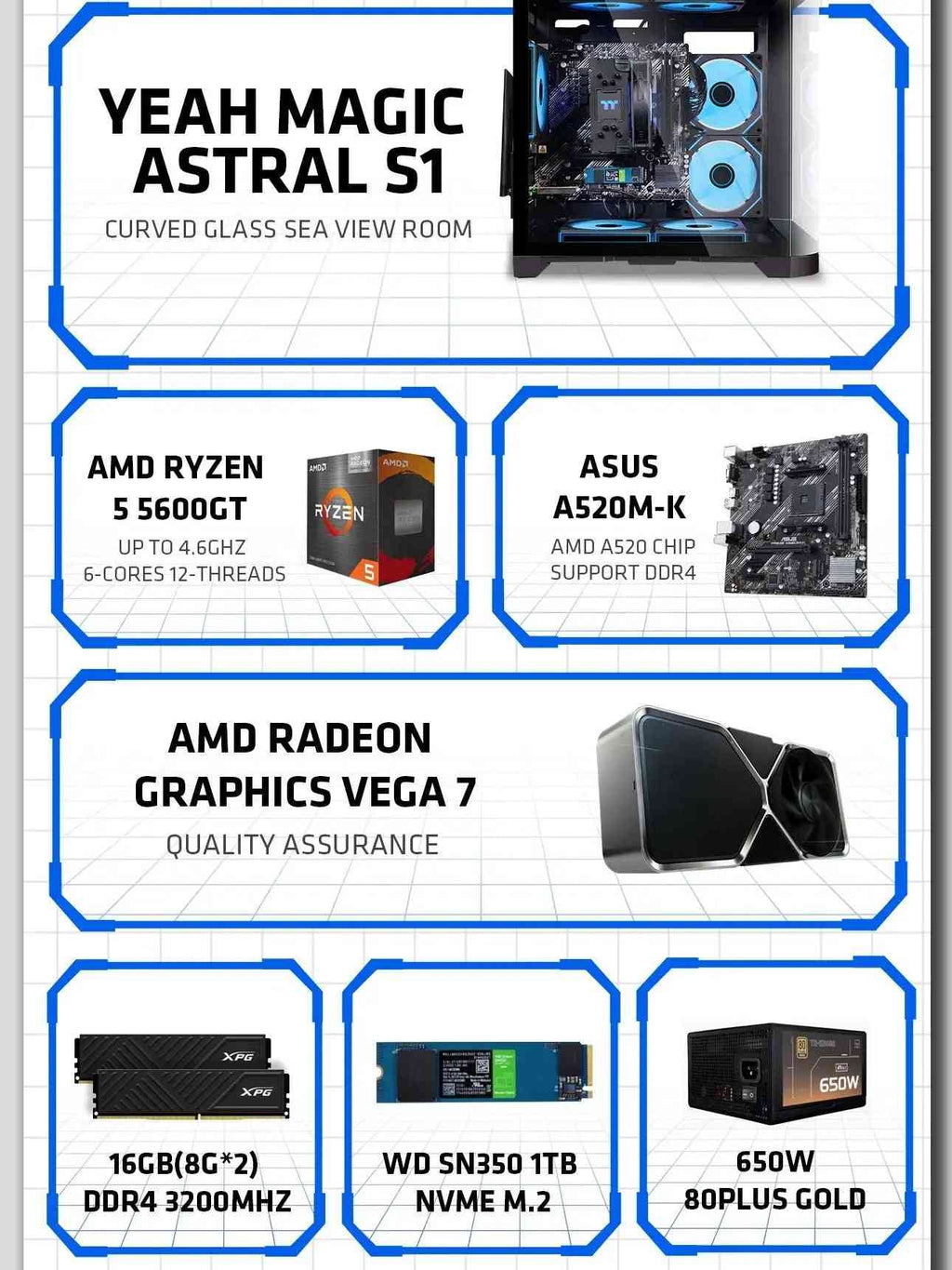 Gaming Desktop AMD Ryzen 5 5600GT 3.9Ghz 16GB(8G*2) DDR4 3200 1T NVME SSD ARGB 7 Fans Win 11 Home Gamer Desktop PC
