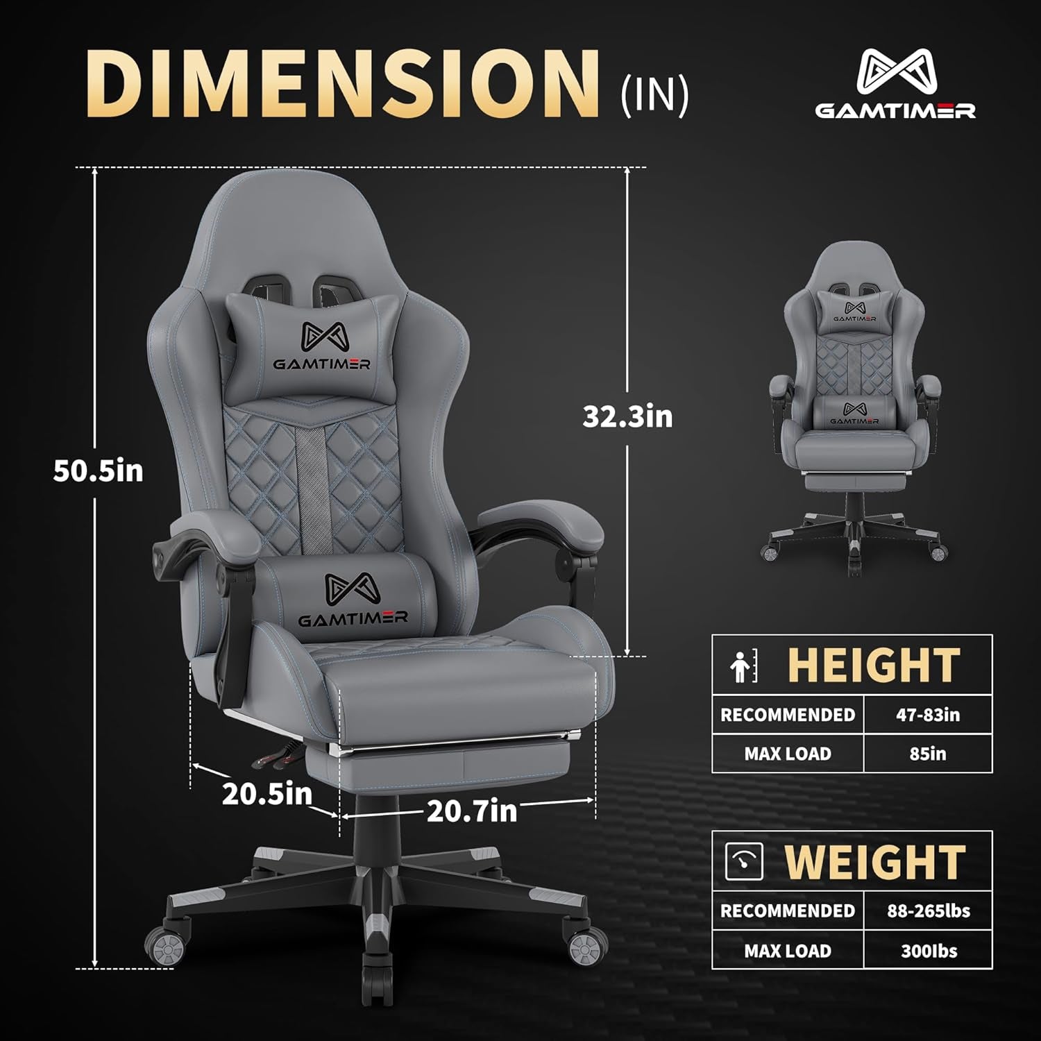 Gaming Chair, 400 Lbs Adult Chair, High Back Computer Chair with Footrest and Linked Armrests, Office Video Game Chair with Lumbar Support (Grey)