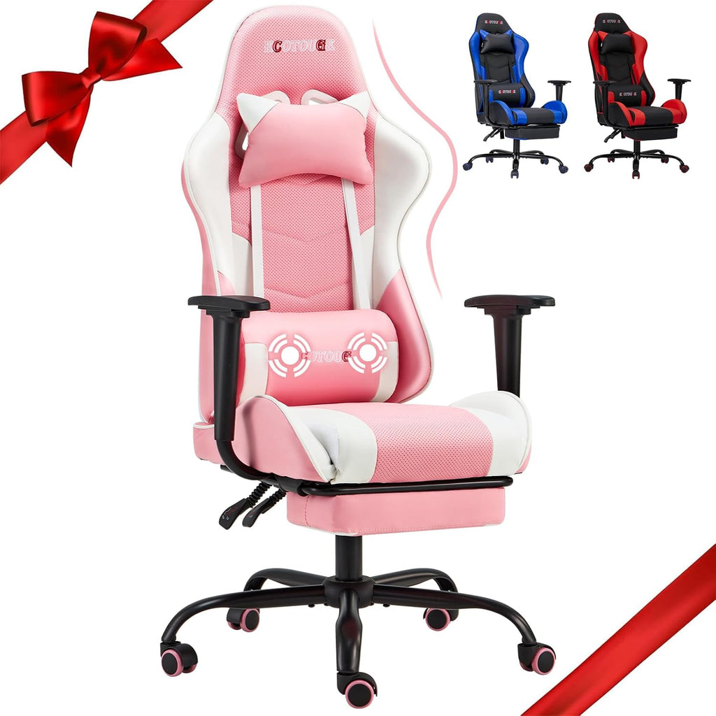 PC Gaming Chair Massage Ergonomic Office Desk Chair Racing PU Leather Recliner Swivel Rocker with Headrest and Lumbar Pillow, Pink-White
