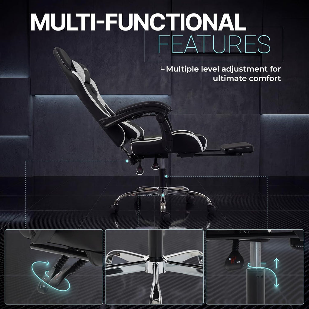 Gaming Chair Ergonomic, Massage Lumbar Support, Footrest, Adjustable Height & Headrest Pillow, Heavy Duty 330Lbs Office Chair, Comfortable for Back Pain Relief Long Gaming Streaming Black White