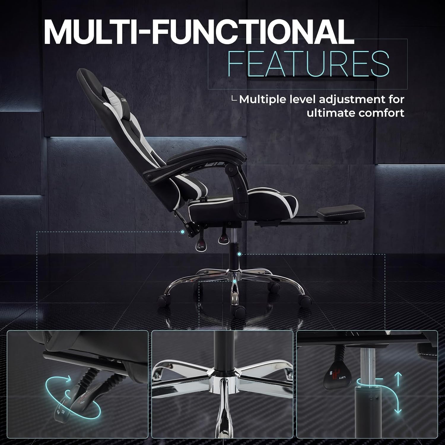 Gaming Chair Ergonomic, Massage Lumbar Support, Footrest, Adjustable Height & Headrest Pillow, Heavy Duty 330Lbs Office Chair, Comfortable for Back Pain Relief Long Gaming Streaming Black White