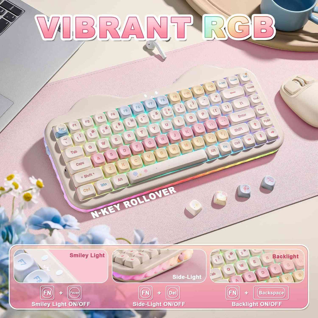 Pink gaming setup with cute pastel mechanical keyboard, mouse, and accessories