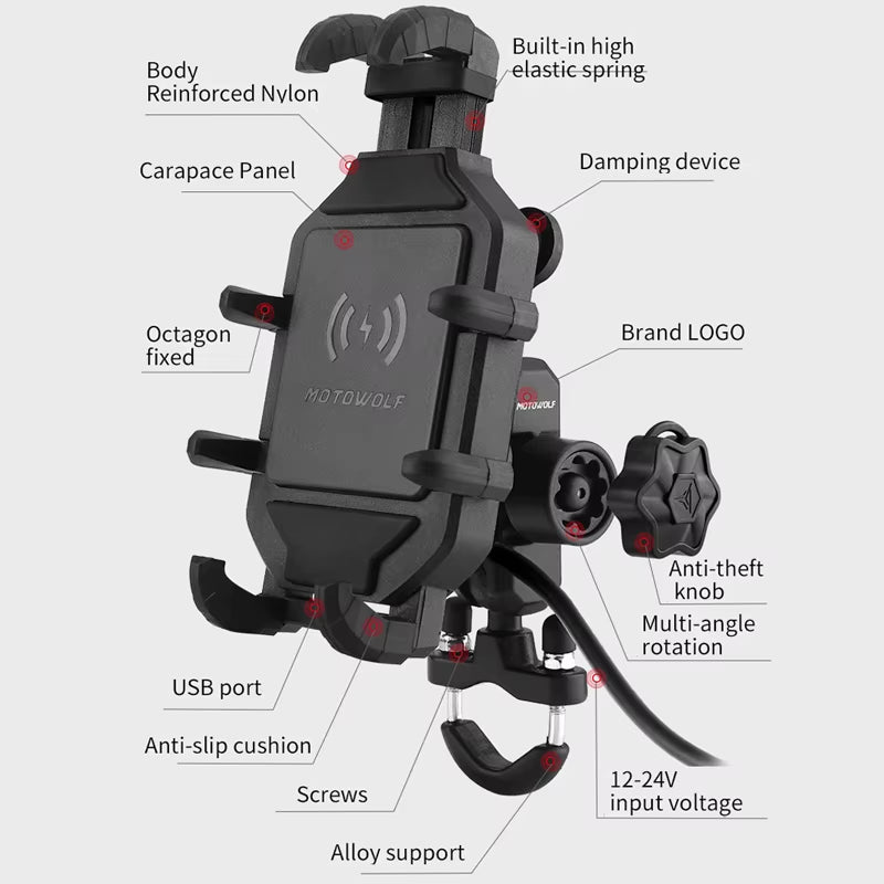 Motorcycle Wireless Charging Phone Holder Cradle 3.0 Quick Charger GPS Moto Support Cellphone Handlebar Mount for 4-7 Inch Phone