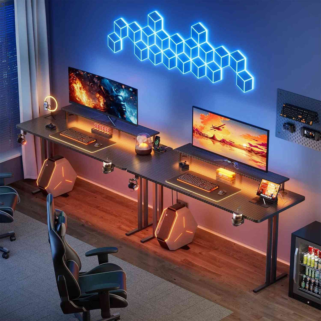 55 Inch Gaming Desk with LED Lights & Power Outlet, Computer Gamer Desk with Monitor Stand