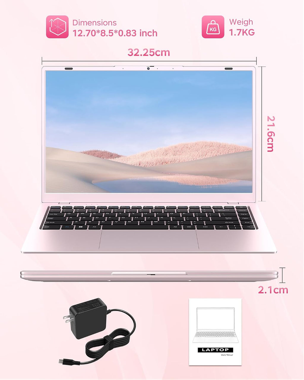 15.6 Inch Pink Laptop with Pentium Gold 6500Y(Up to 3.4Ghz), 16GB RAM 256GB SSD,1080P Full HD, Usb-C,Wifi 5,Bt5.0,Pink Computer Laptops for School, Business