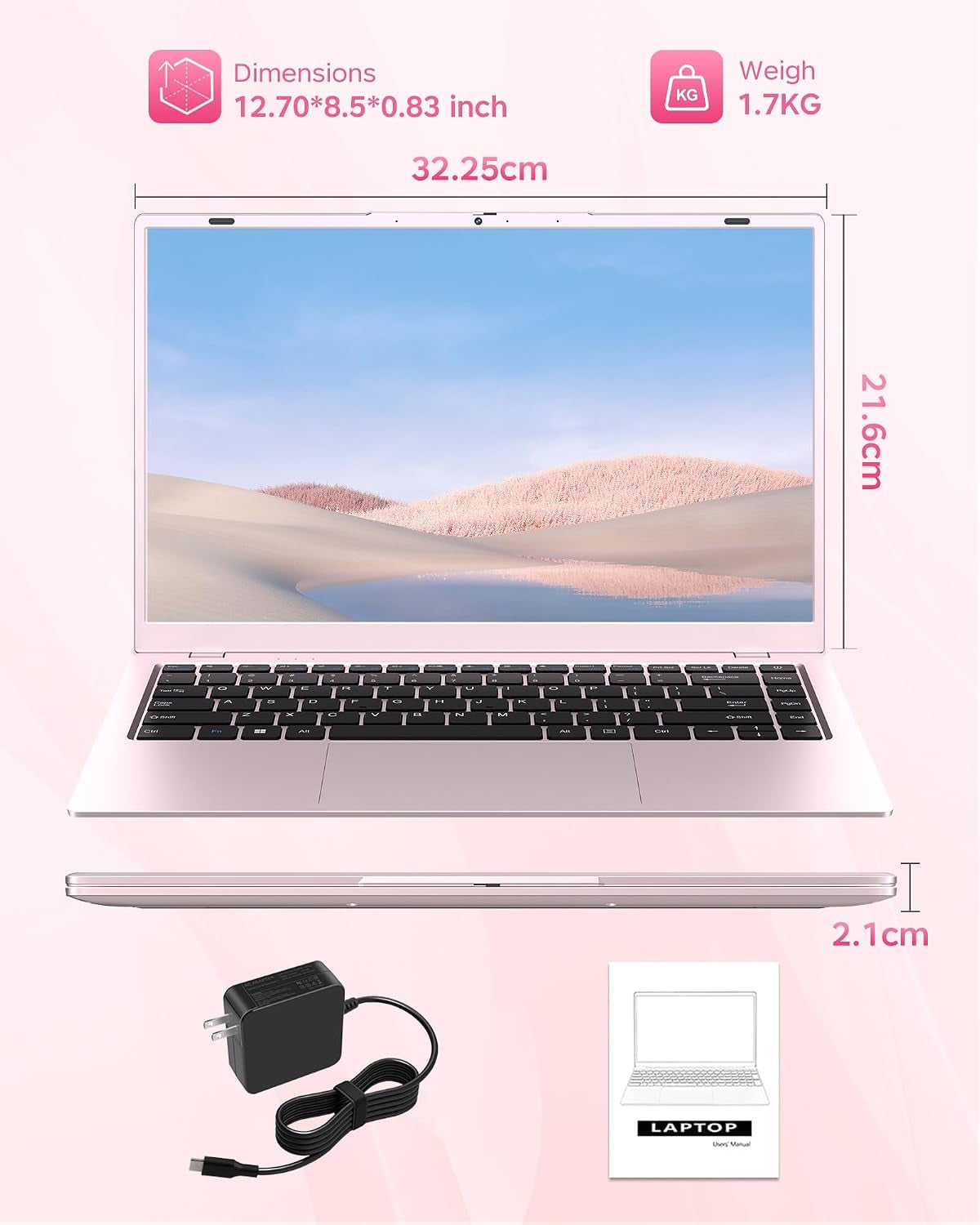 15.6 Inch Pink Laptop with Pentium Gold 6500Y(Up to 3.4Ghz), 16GB RAM 256GB SSD,1080P Full HD, Usb-C,Wifi 5,Bt5.0,Pink Computer Laptops for School, Business