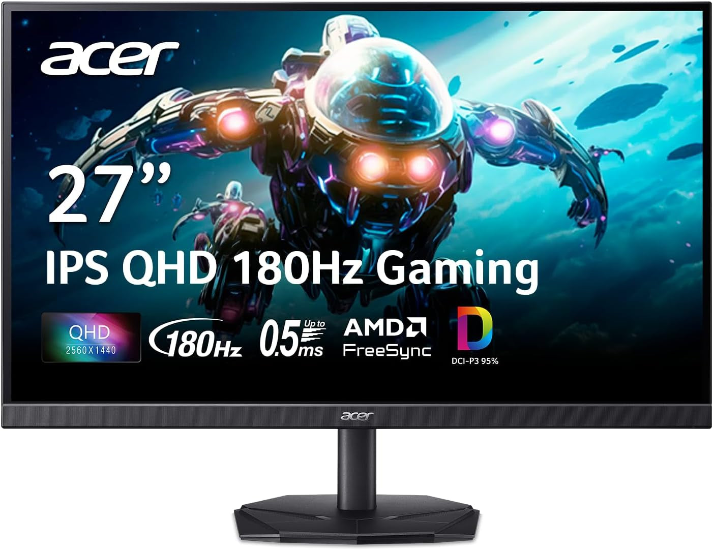 Acer Nitro 27 Inch QHD 2560 X 1440 IPS Gaming Monitor | AMD Freesync | up to 180Hz Refresh | up to 0.5Ms | DCI-P3 95% | HDR 10 Support | One Display Port 1.2 & Two HDMI 2.0 | KG271U N3Bmiipx