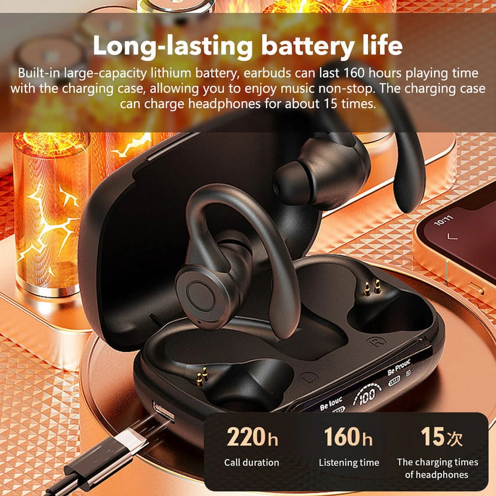 Wireless Earbuds Bluetooth 5.3 TWS Headphones LED Diaplay Hi-Fi Sweatproof Noise Canceling Earhooks Earphone with Charging Case