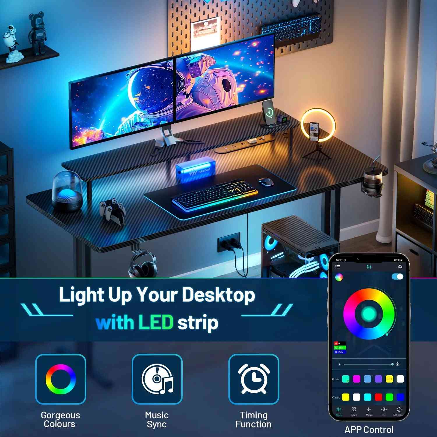 55 Inch Gaming Desk with LED Lights & Power Outlet, Computer Gamer Desk with Monitor Stand