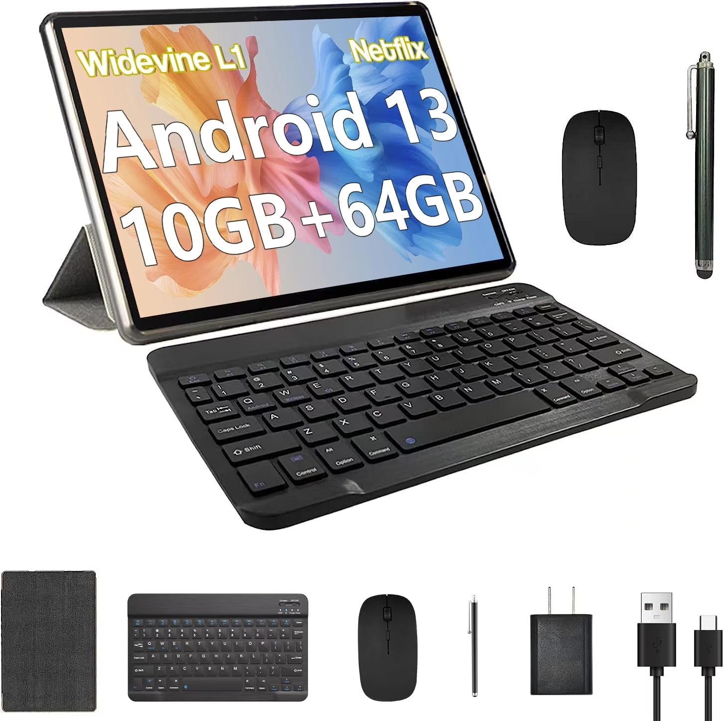 CP20 10.1'' 10GB RAM 64GB ROM 1.8Ghz Quad-Core Processor Android 13 2 in 1 Wifi Tablet, Black