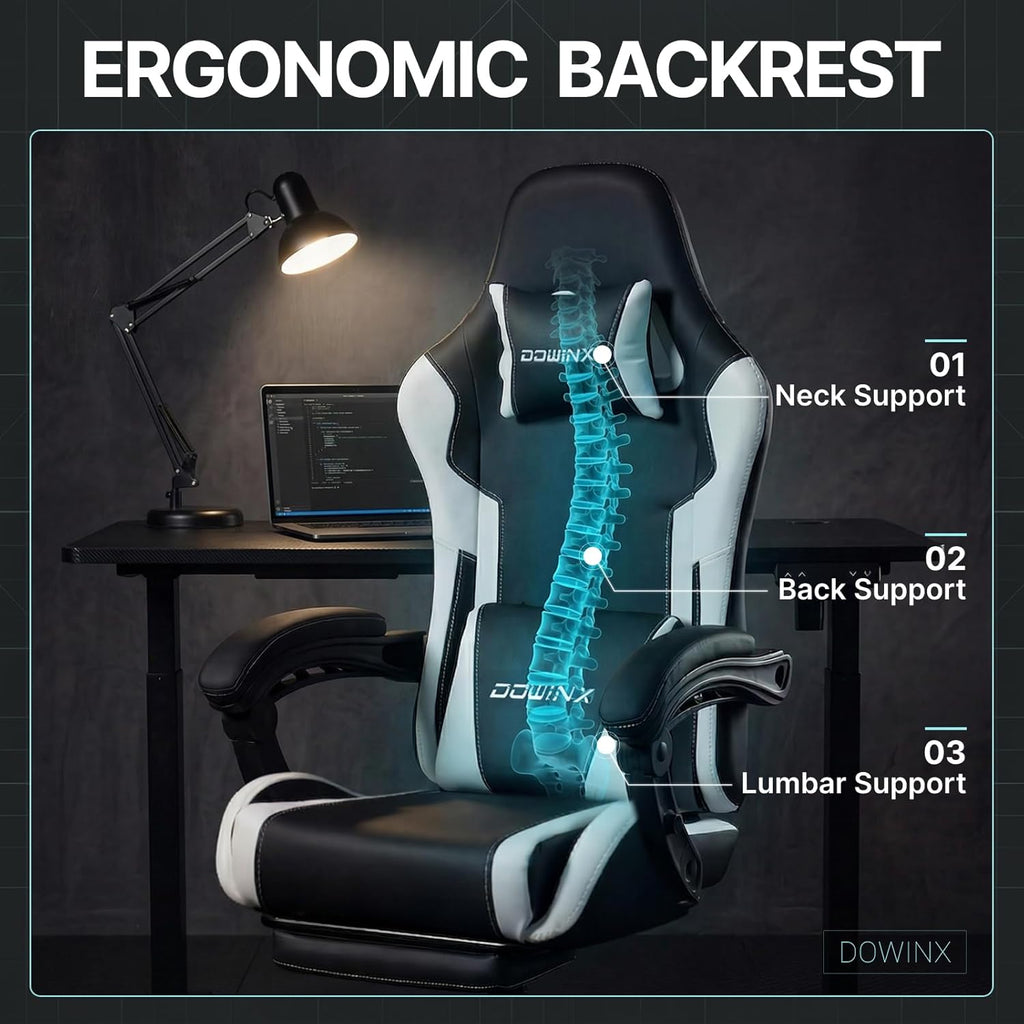 Gaming Chair Ergonomic, Massage Lumbar Support, Footrest, Adjustable Height & Headrest Pillow, Heavy Duty 330Lbs Office Chair, Comfortable for Back Pain Relief Long Gaming Streaming Black White