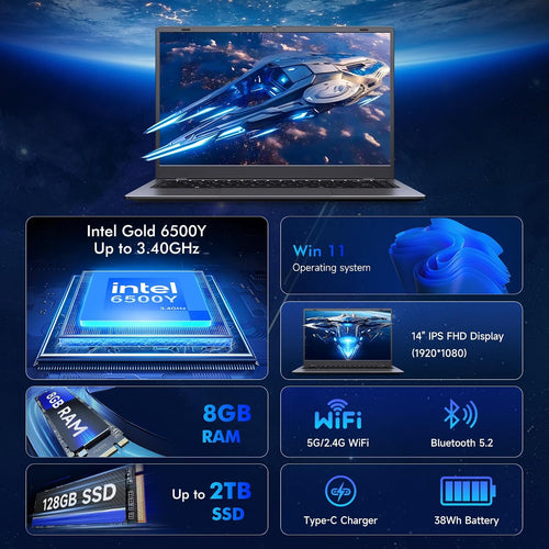 2026 Laptop Computer, Pentium Gold 6500Y (Beat Celeron, up to 3.4Ghz), 8GB RAM 128GB SSD, Bluetooth, Wifi, HDMI, USB-C PD, Privacy Webcam, 38Wh Battery, Thin & Portable Laptops, Work/Business