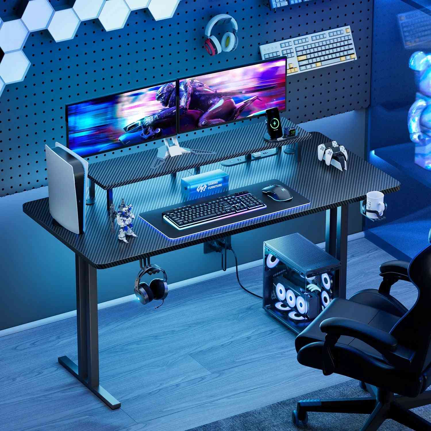 55 Inch Gaming Desk with LED Lights & Power Outlet, Computer Gamer Desk with Monitor Stand