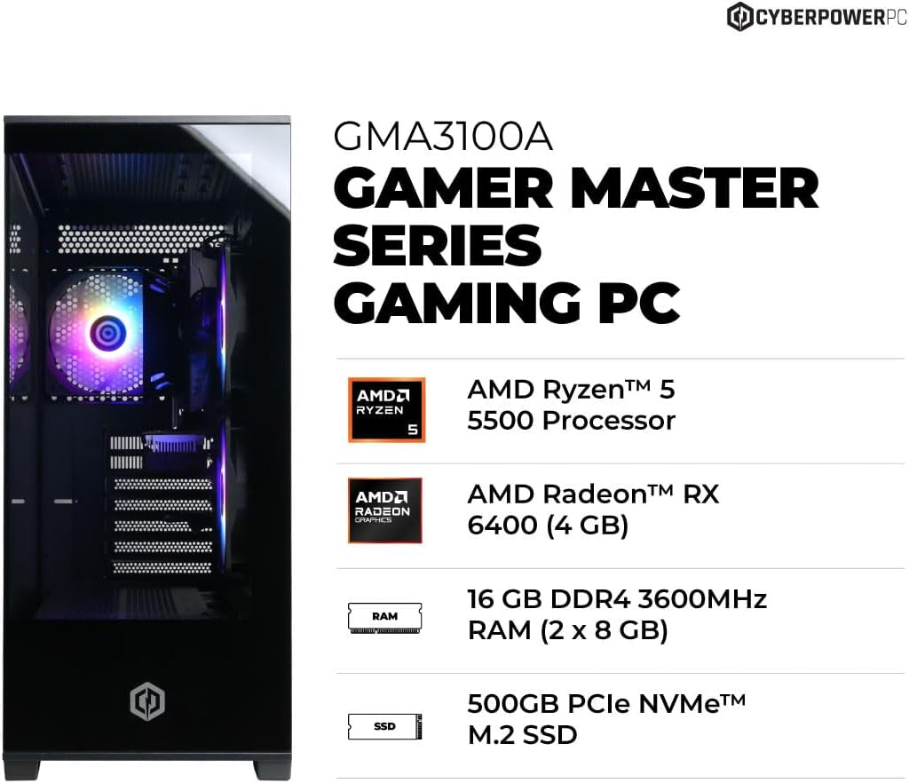 Gamer Master Gaming PC, AMD Ryzen 5 5500 3.6Ghz, Radeon RX 6400 4GB, 16GB DDR4, 500GB Pcie Gen4 SSD, Wifi Ready & Windows 11 Home (GMA3100A)