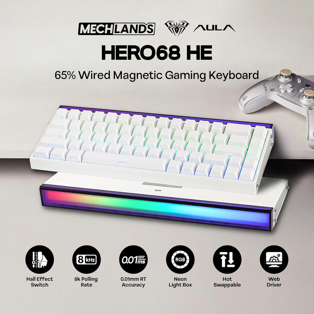 Aula Hero68 HE Wired Magnetic Gaming Keyboard, Rapid Hall Effect Keyboard with 0.01Mm Adjustable Actuation, 8Khz Polling, 5-Layer Sound Dampening, RGB Lightbox & Backlit (White)