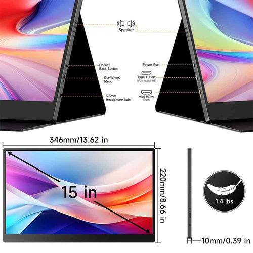 15 In. FHD 1080P Portable Monitor USB-C HDMI HDR IPS with Speakers and Smart Cover
