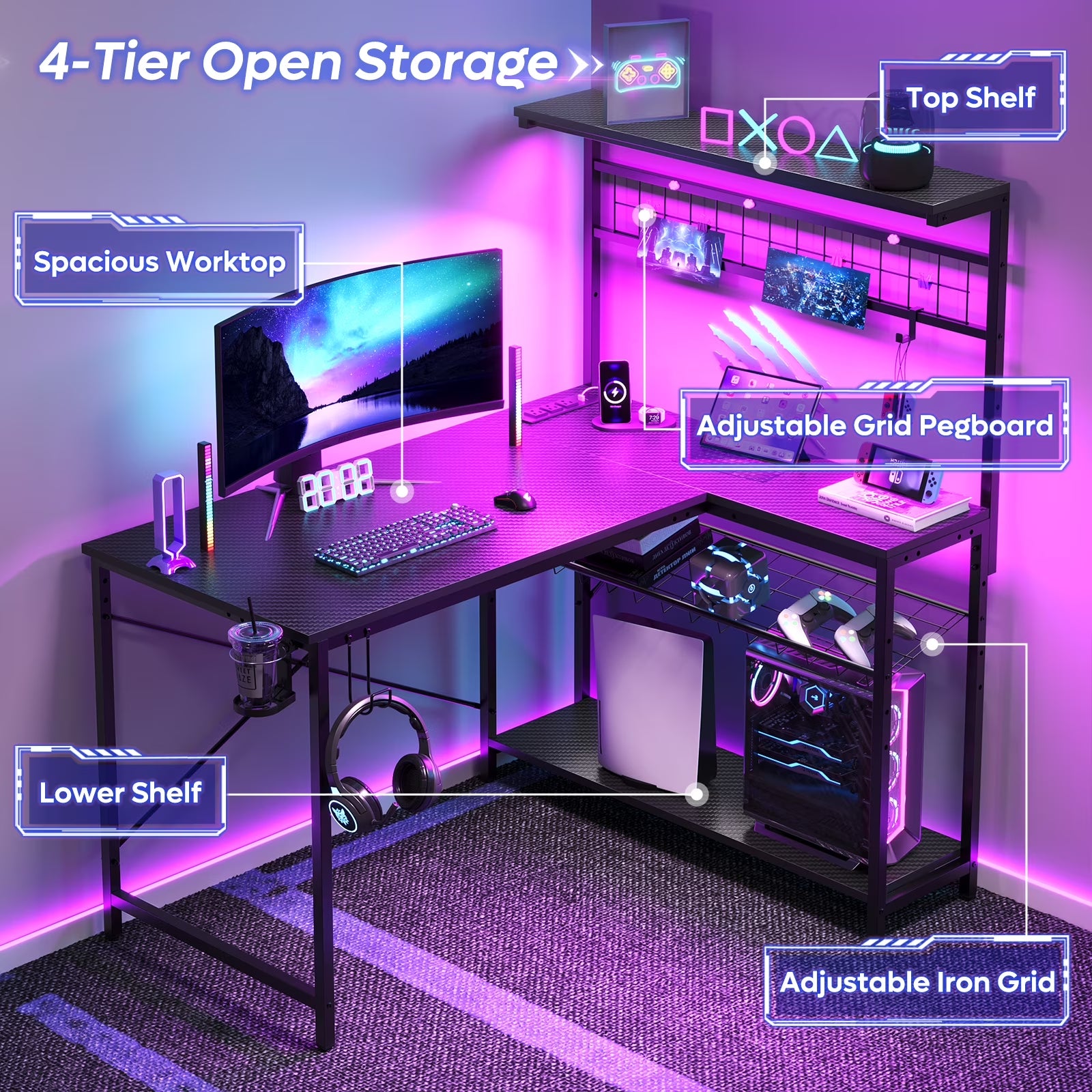 51-Inch L-Shaped Gaming Desk with Power Outlets, LED Workstation, 4-Tier Shelves, Carbon Fiber Finish