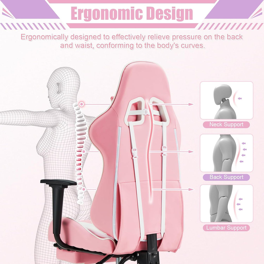 PC Gaming Chair Massage Ergonomic Office Desk Chair Racing PU Leather Recliner Swivel Rocker with Headrest and Lumbar Pillow, Pink-White