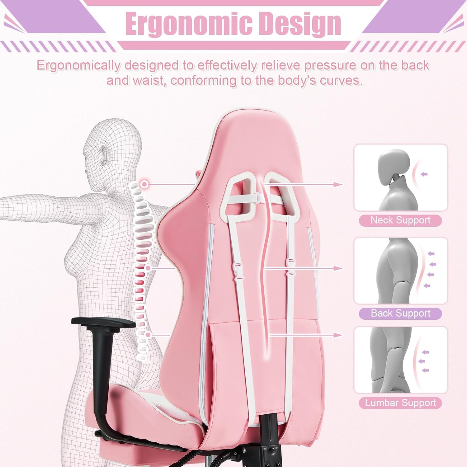 PC Gaming Chair Massage Ergonomic Office Desk Chair Racing PU Leather Recliner Swivel Rocker with Headrest and Lumbar Pillow, Pink-White