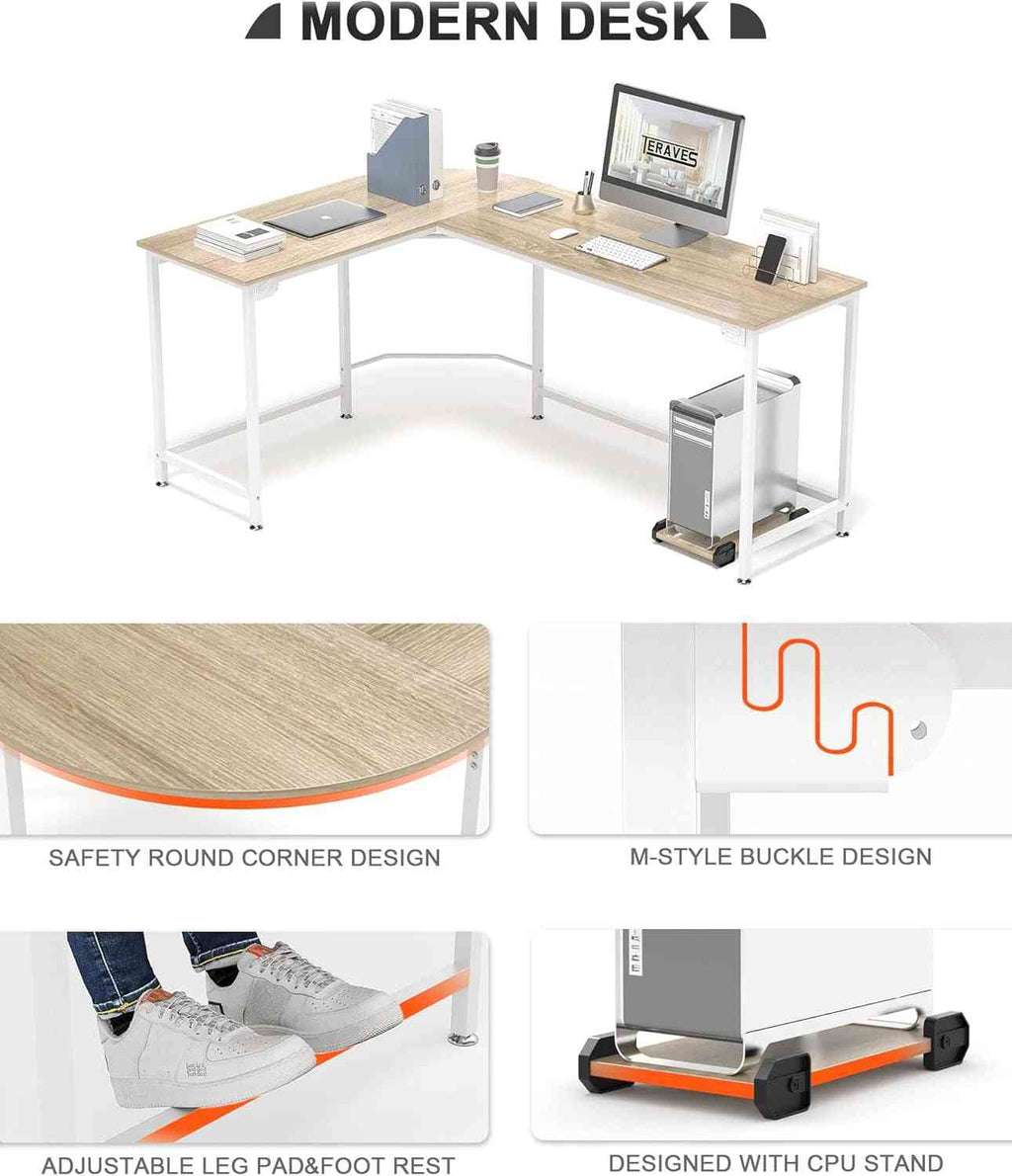 Modern L-Shaped Desk 66'' Corner Computer Desk Home Office Study Workstation Wood & Steel PC Laptop Gaming Table