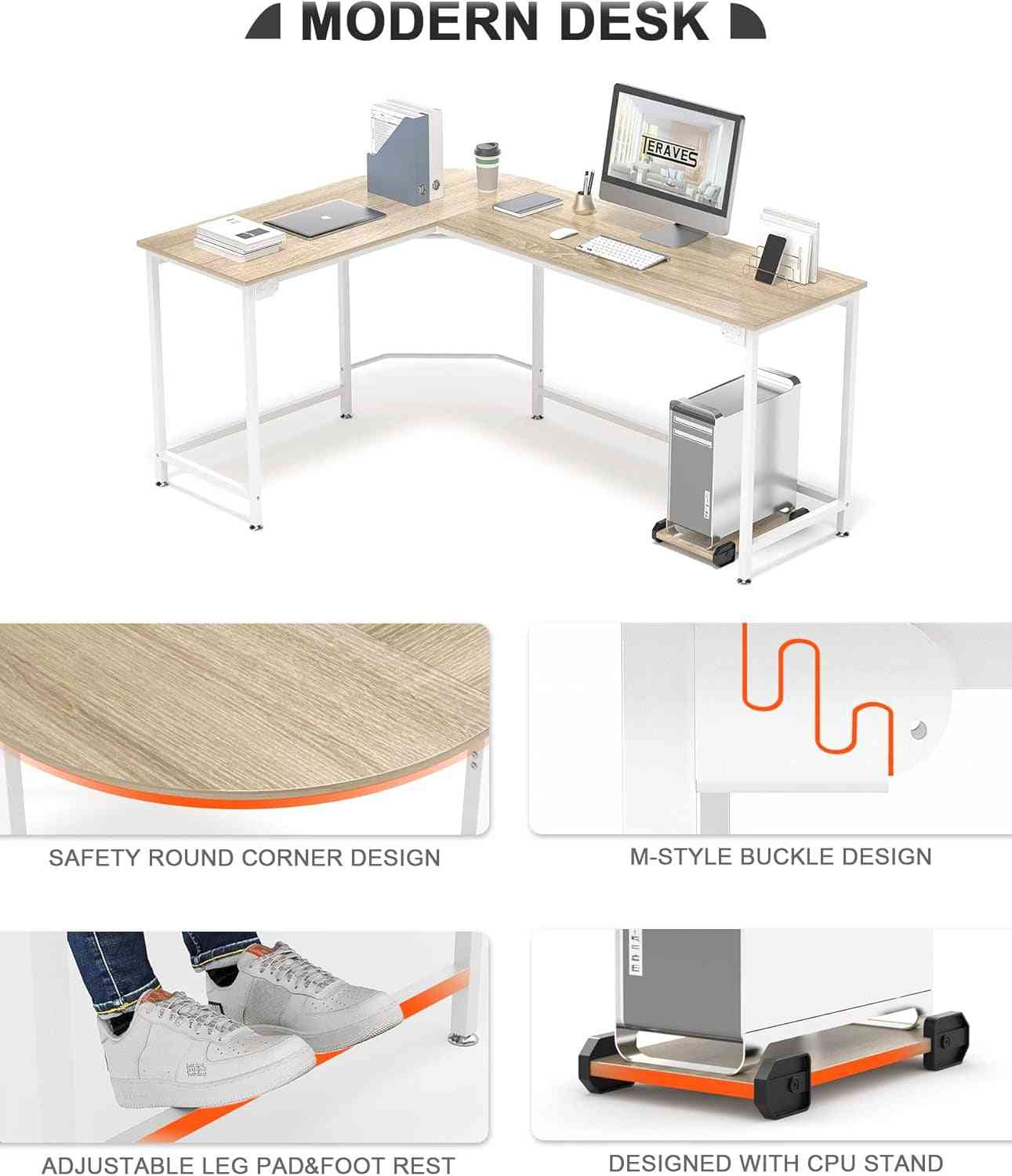 Modern L-Shaped Desk 66'' Corner Computer Desk Home Office Study Workstation Wood & Steel PC Laptop Gaming Table