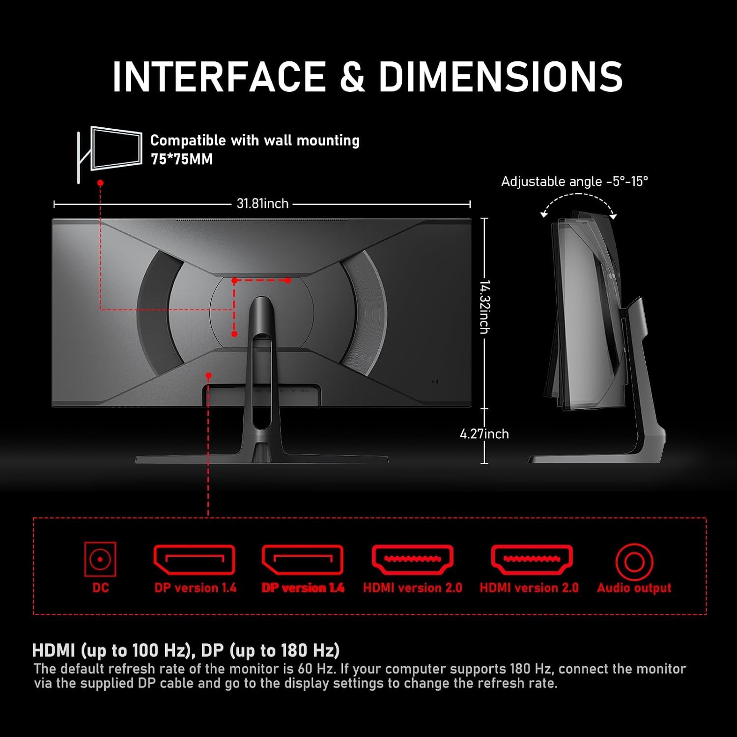 34 Inch Ultrawide Curved 180Hz Gaming Computer Monitor,1500R PC Screen 21:9 UWQHD (3440X1440),120% Srgb,Adaptive Sync,178° Viewing Angle,Display Port、Hdmi,Compatible with Wall Mounting -Black