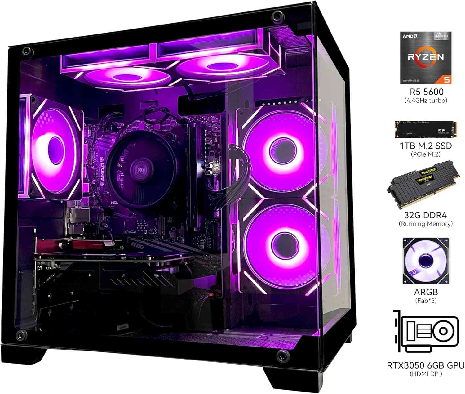 Gaming Desktop Computer PC,AMD Ryzen 5 5600,RTX3050 6GB,32GB DDR4 RAM and 1TB M.2 Nvme Pcle,Argb Fan,Wifi,Game Design Office Console,Sea View Room, Gaming PC Tower
